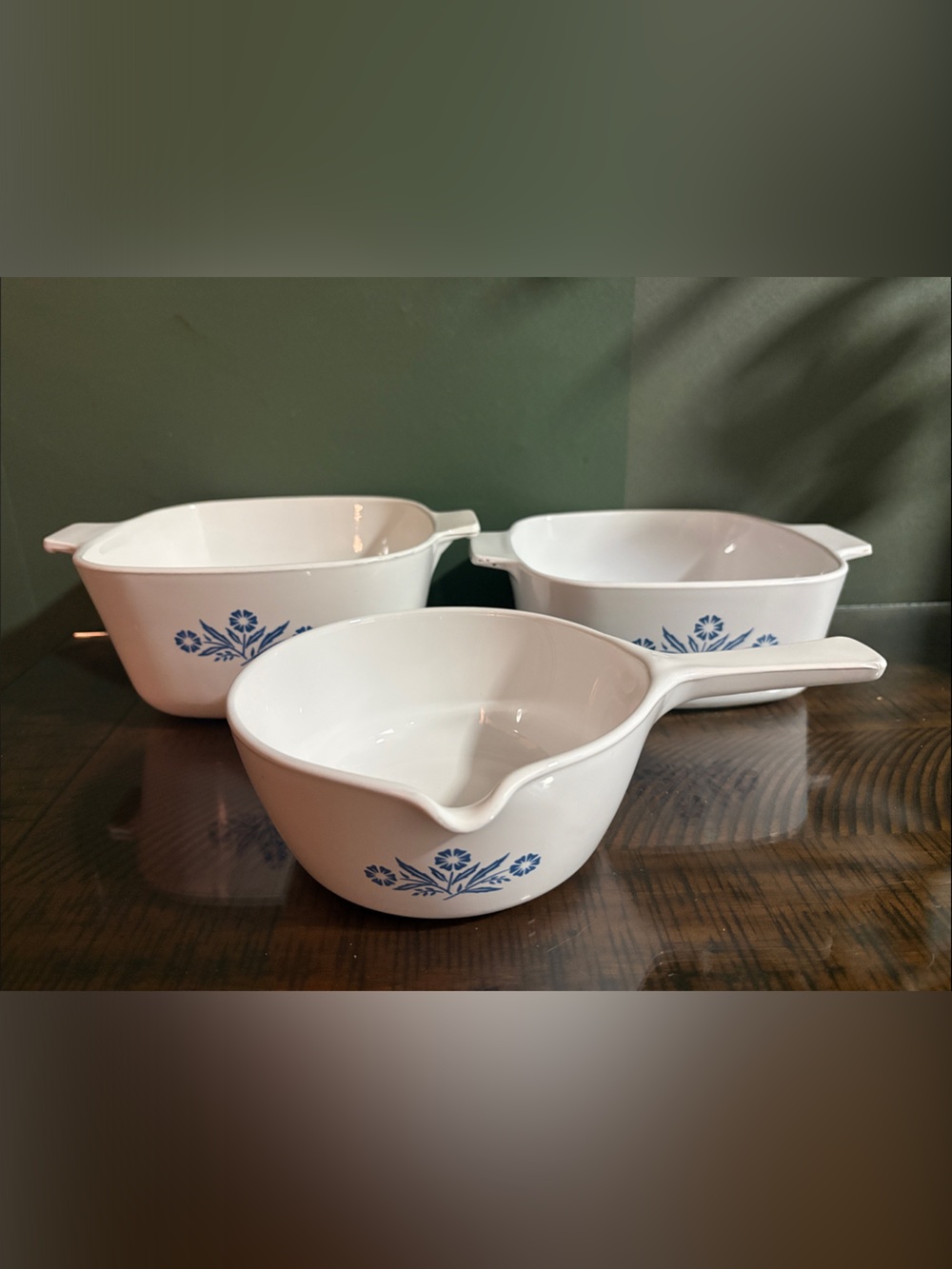Corningware White Ceramic Sauce Pans with Blue Cornflower Pattern - Set of 3